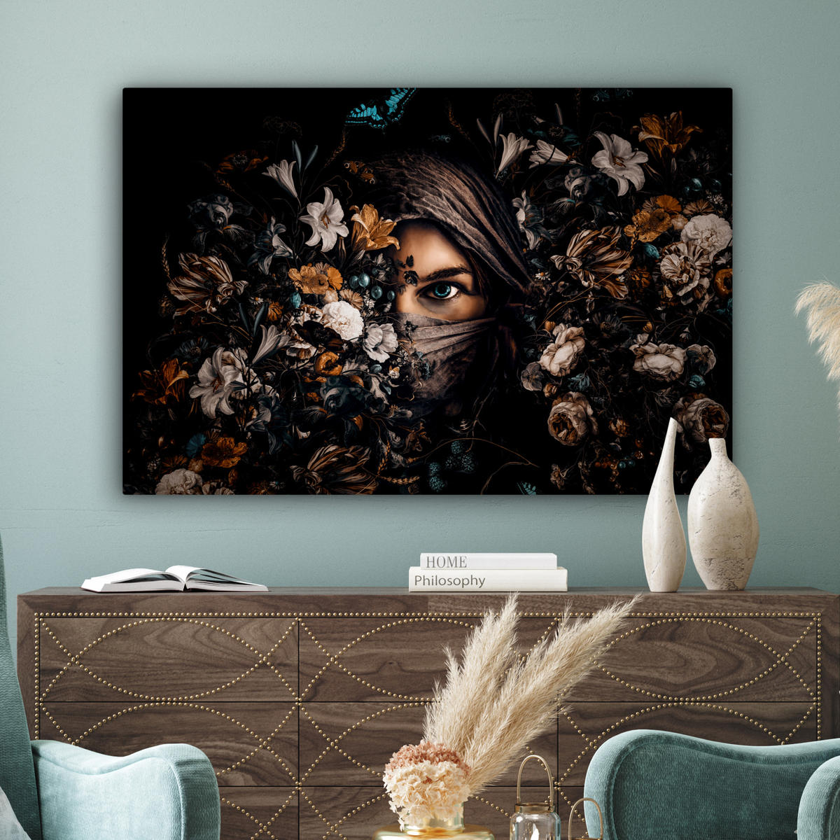 LEINWANDBILD Frau - Luxus - Blumen - Schmetterling - Porträt Wohnzimmer Groß 120x80 cm - Schwarz, Textil (120/80cm) - MuchoWow