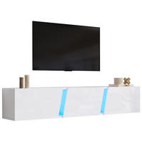 WANDMONTIERTER TV-Schrank aus Spanplatte und Acryl 180x35x30 cm Weiß mit LED-Beleuchtung und 3 Klapptüren - Weiß, Holzwerkstoff (180/30/35cm) - IVMEU