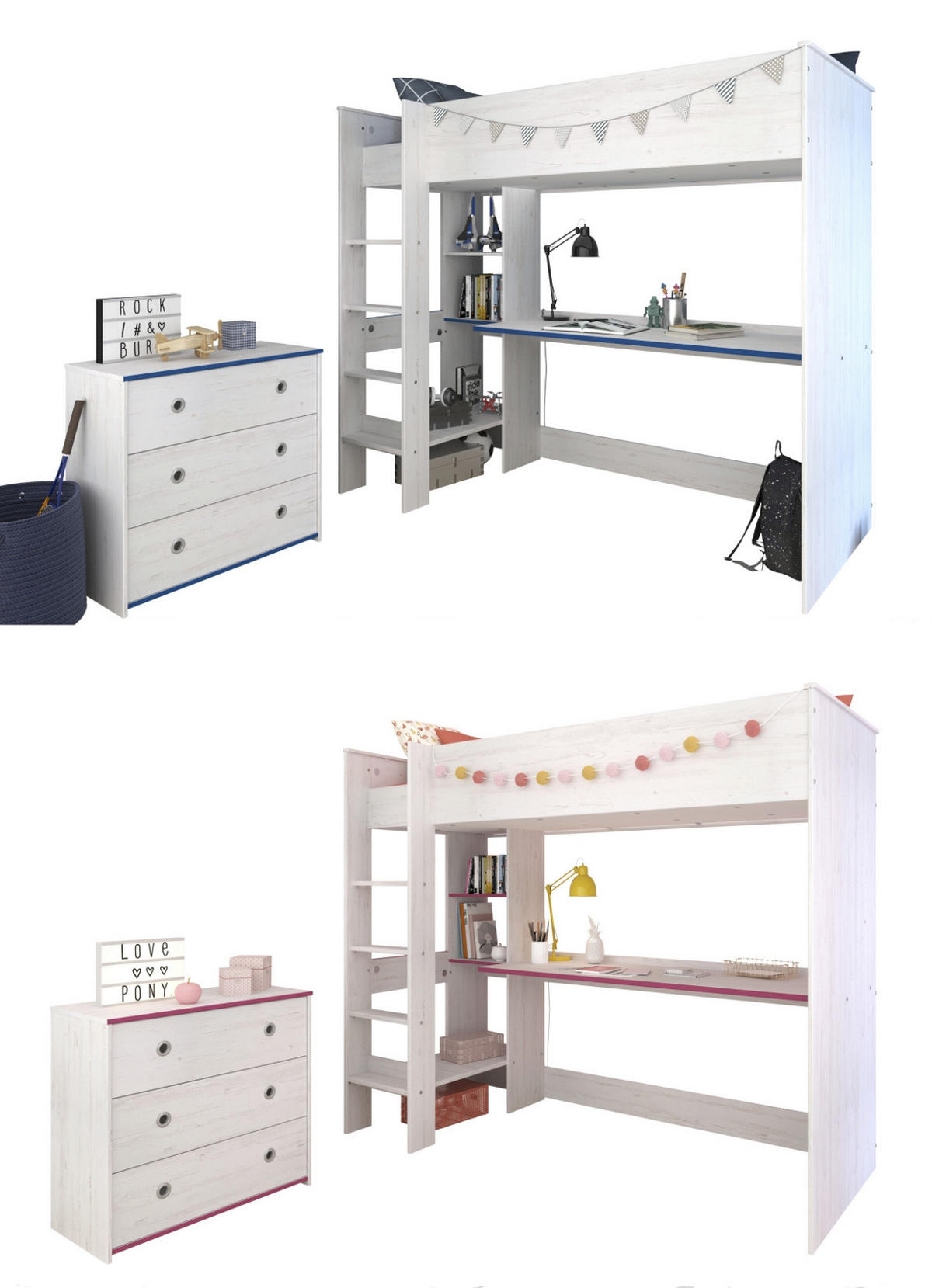 JUGENDZIMMER Set Hochbett 90 x 200 Schreibtisch und Kommode - Weiß/Grau, Holz/Holzwerkstoff (206/180/108cm) - Parisot Meuble