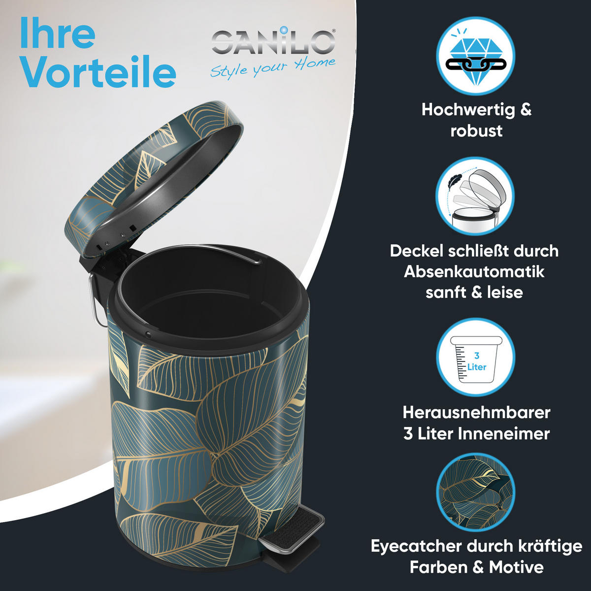 KOSMETIKEIMER Monstera - Dunkelgrün/Goldfarben, Kunststoff/Metall (17/25/25cm) - Sanilo