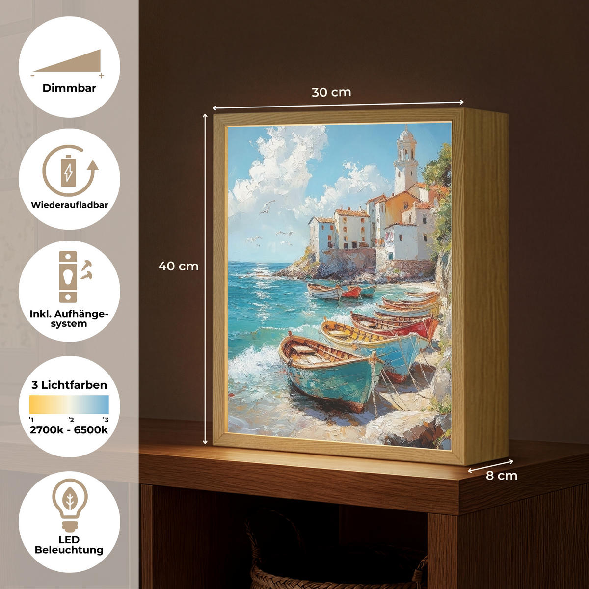NÁSTĚNNÁ LAMPA S AKUMULÁTOREM Lodě - skály - moře - slunce 30x40 cm - modrá, kompozitní dřevo (30/40/8cm) - OnlyWow