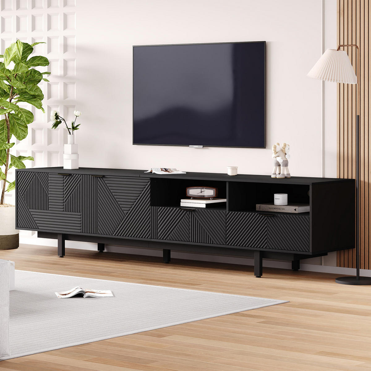 TV-SCHRANK 200x40cm Modern abstrakte Linien Stauraum Schwarz bis 90 Zoll - Schwarz, Holz (52.07/12.19/115.06cm) - FLIEKS