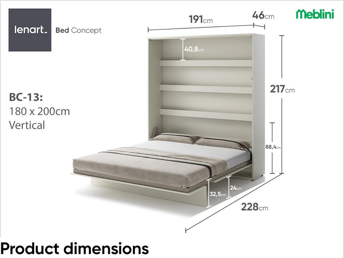 SCHRANKBETT BC-13 - 180x200cm Vertikal - Kaschmir mit Matratze - Kaschmir, Holzwerkstoff (180/200cm) - Meblini