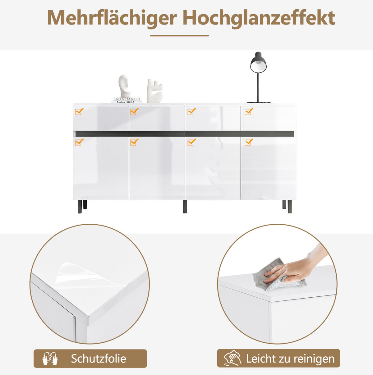 SIDEBOARD mit Hochglanz-Fronten, 4 Schubladen und 2 Türen, 160/40/68 cm, Weiß - Schwarz/Weiß, Holzwerkstoff (160/68/40cm) - Redom