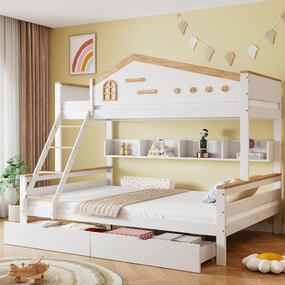 HAUSBETT 90/200 & 140/200 cm mit Regal und 2 Schubladen in Weiß/Natur - Weiß, Holzwerkstoff (90/200cm) - BEAOK