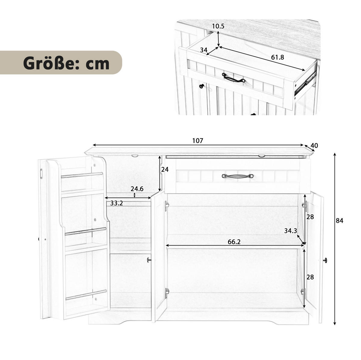 SIDEBOARD in Weiß mit 3 Türen, 1 Schublade und verstellbaren Einlegeböden,107/83.4/40 cm - Weiß, Holzwerkstoff (107/83.4/40cm) - Flora Grace