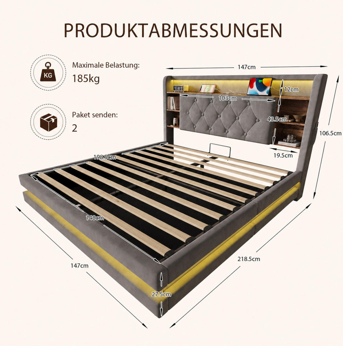 POLSTERBETT aus Samt 140x200 cm Dunkelgrau mit Bettkasten, LED-Beleuchtung, USB- und Type-C-Anschlüssen - Dunkelgrau, Textil (140/200cm) - Modfu