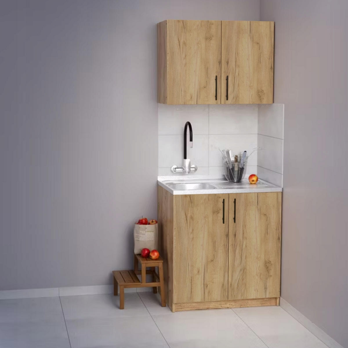 SPÜLUNTERSCHRANK 80cm mit Spüle + Armatur + Siphon Eichenfarbe - Eichefarben, Holzwerkstoff (80/82/50cm) - Stamar