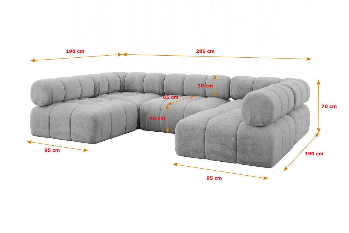 WOHNLANDSCHAFT modulares Sofa Garvo-U1 - 285x190x70 cm Hellgrau Velours - Hellgrau, Holzwerkstoff/Textil (285/70/190cm) - ALTDECOR