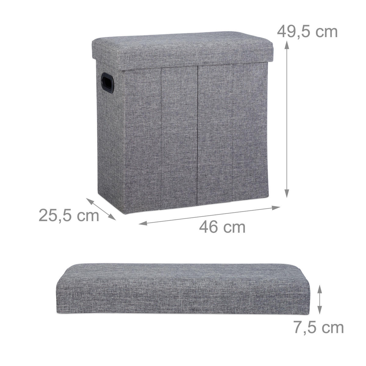 TABURET Tamnosiva sklopivi s prostorom za pohranu 49,5 cm - antracit, drvni materijal/tekstil (46/49.5/25.5cm) - Relaxdays