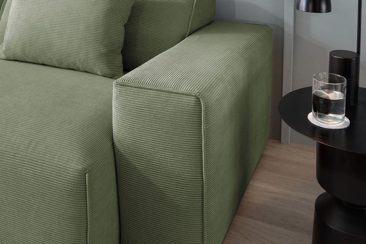 SOFA RANI Grün Cord - Schwarz/Olivgrün, Kunststoff/Textil (256/71/101cm) - KAWOLA