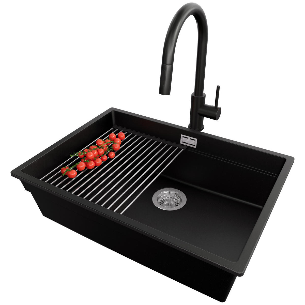 GRANITSPÜLE Praga Slim, 2-er set Schwarz 66/47 cm 1 Becken + Küchenarmatur 40/20 cm + Ablauf-Set + Aufrollbare Abtropffläche ab 70er Unterschrank - Chromfarben/Schwarz, Kunststoff (66/20/47cm) - Primagran