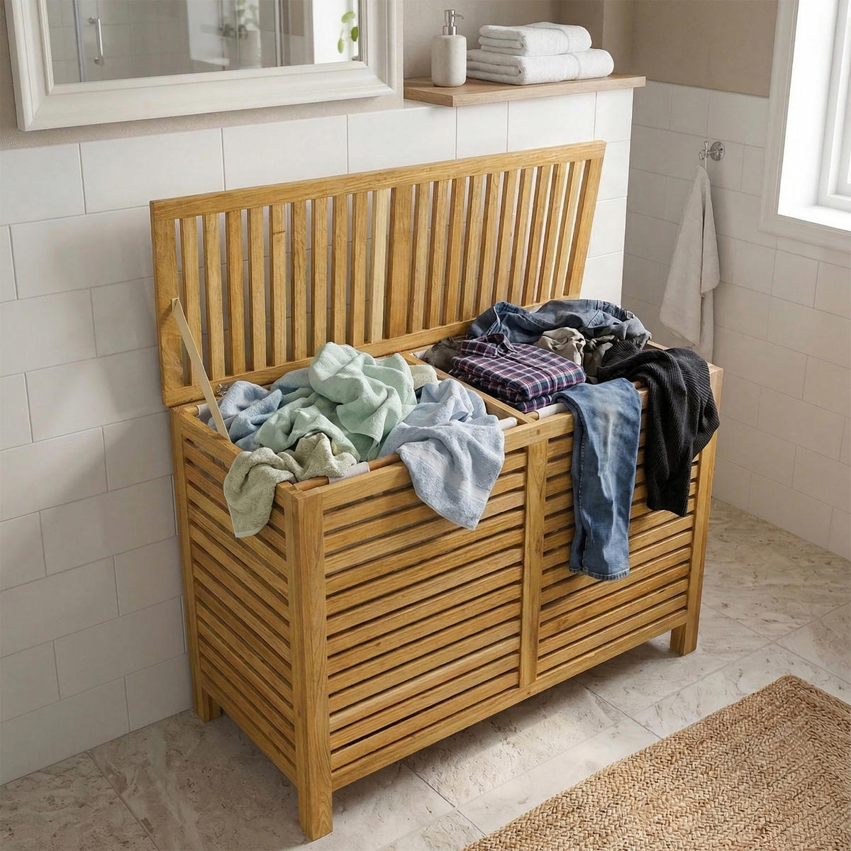 WÄSCHESAMMLER Natur Walnussholz 2 Fächer 150 L - Hellbraun, Holz/Textil (89/67.5/46.5cm) - Relaxdays