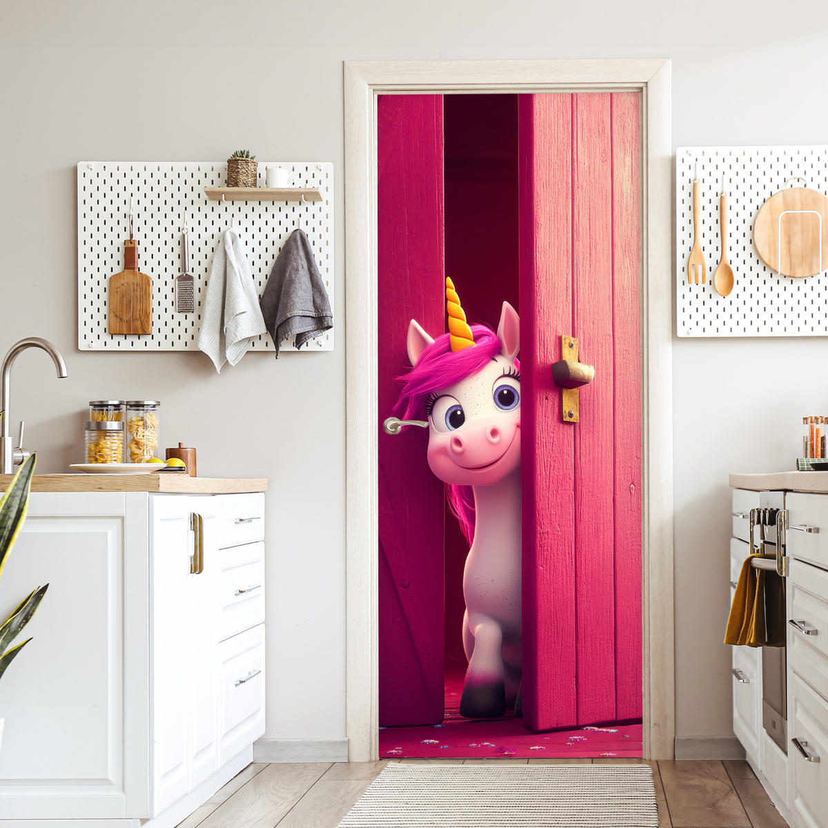 TÜRAUFKLEBER Selbstklebend - Einhorn - Rosa - Tür - Fantasie 95x215 cm - Türtapete - Pink, Kunststoff (95/0.1cm) - MuchoWow