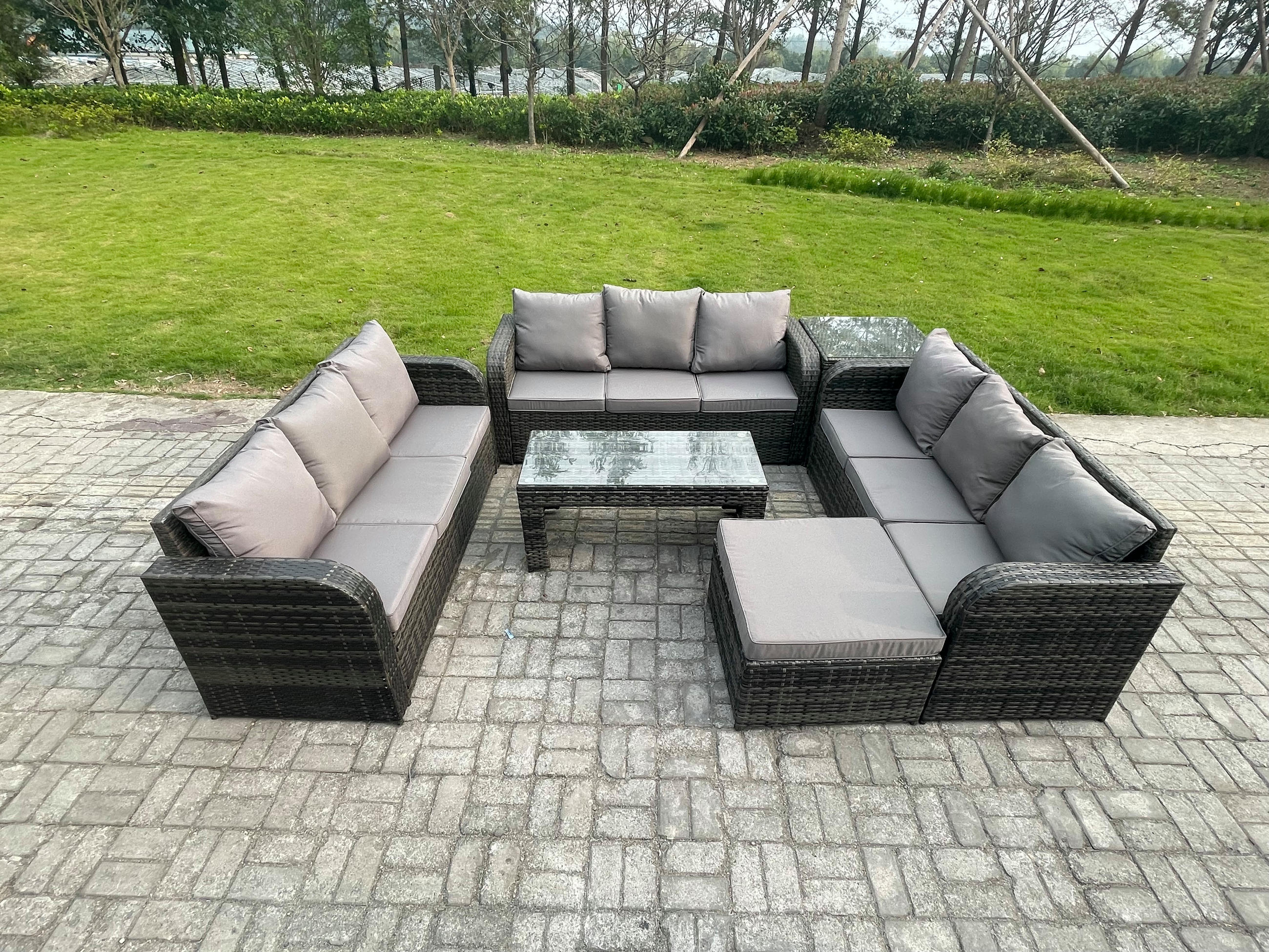 GARTENSOFA SET mit rechteckigem COUCHTISCH Polyrattan 10-Sitzer Dunkelgrau - Dunkelgrau/Grau, Glas/Kunststoff - Fimous