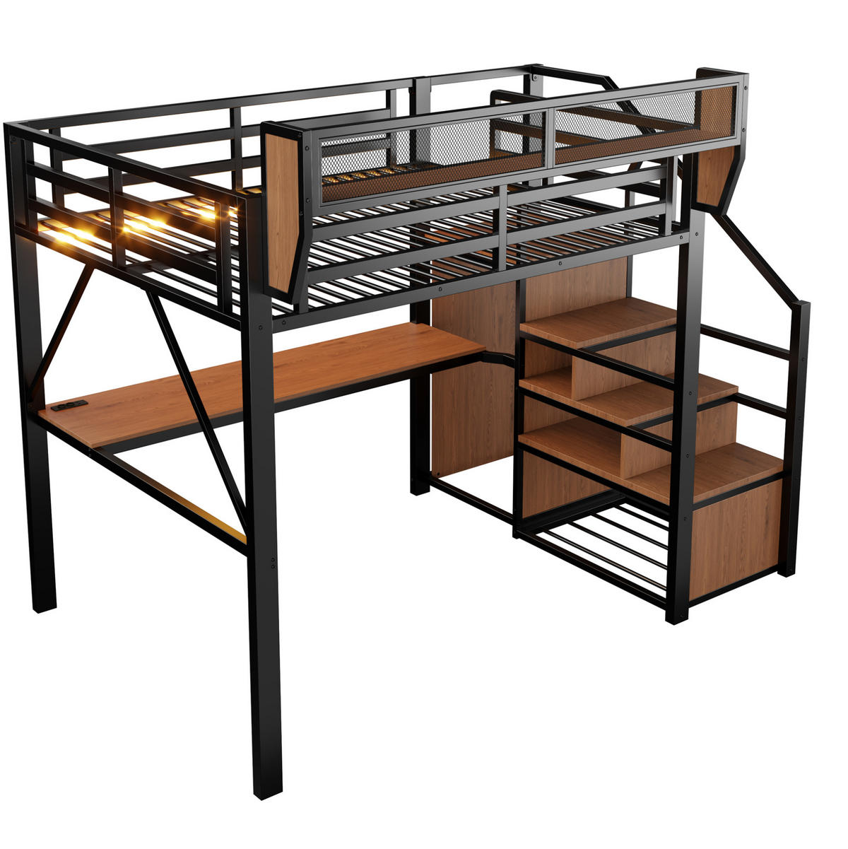 HOCHBETT 140/200 cm aus Metall mit Schreibtisch und LED, Schwarz - Schwarz, Metall (140/200cm) - OKMYHOME
