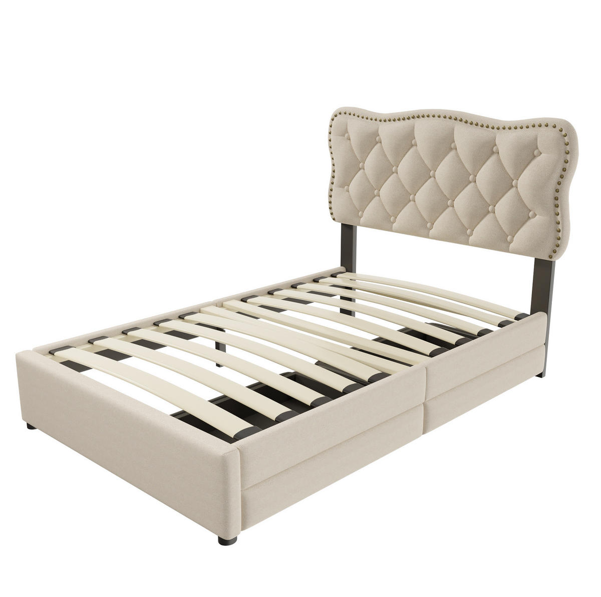 POLSTERBETT 90/200 cm Dunkelbeige aus MDF und Leinenstoff mit 2 Schubladen - Beige, Textil (90/200cm) - OKMYHOME