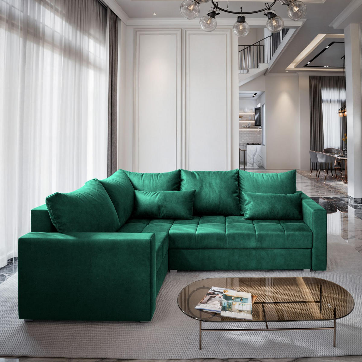 ECKSOFA LIRENO L-S Grün Plüsch-Stoff mit Schlaffunktion - Grün, Holz (220/153cm) - MASSENO