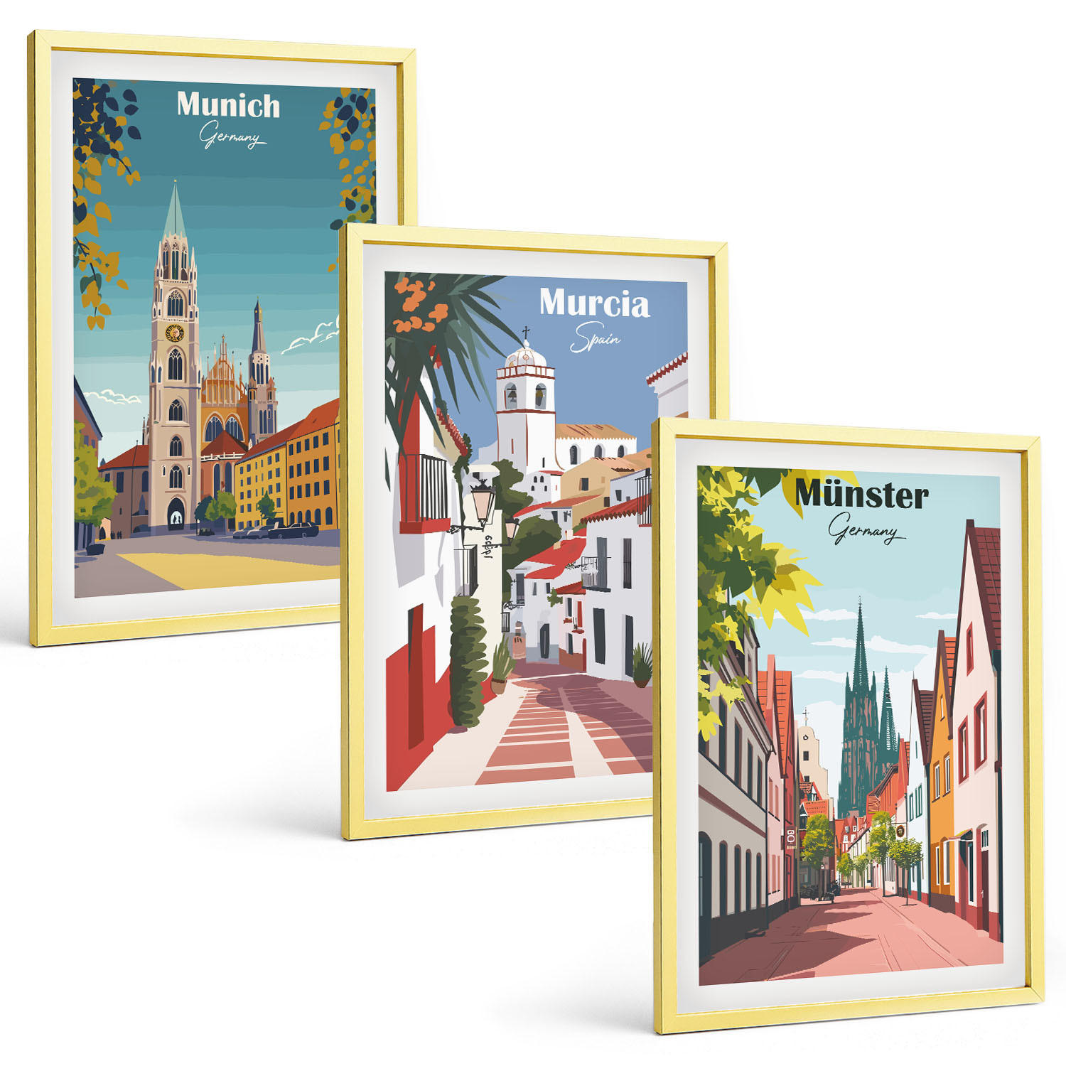 BILDER SET 3er Set - 40x60 cm Goldrahmen - Europäische Städte in farbigen Zeichnungen - Goldfarben, Kunststoff (40/60cm) - TULUP