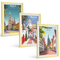 BILDER SET 3er Set - 40x60 cm Goldrahmen - Europäische Städte in farbigen Zeichnungen - Goldfarben, Kunststoff (40/60cm) - TULUP
