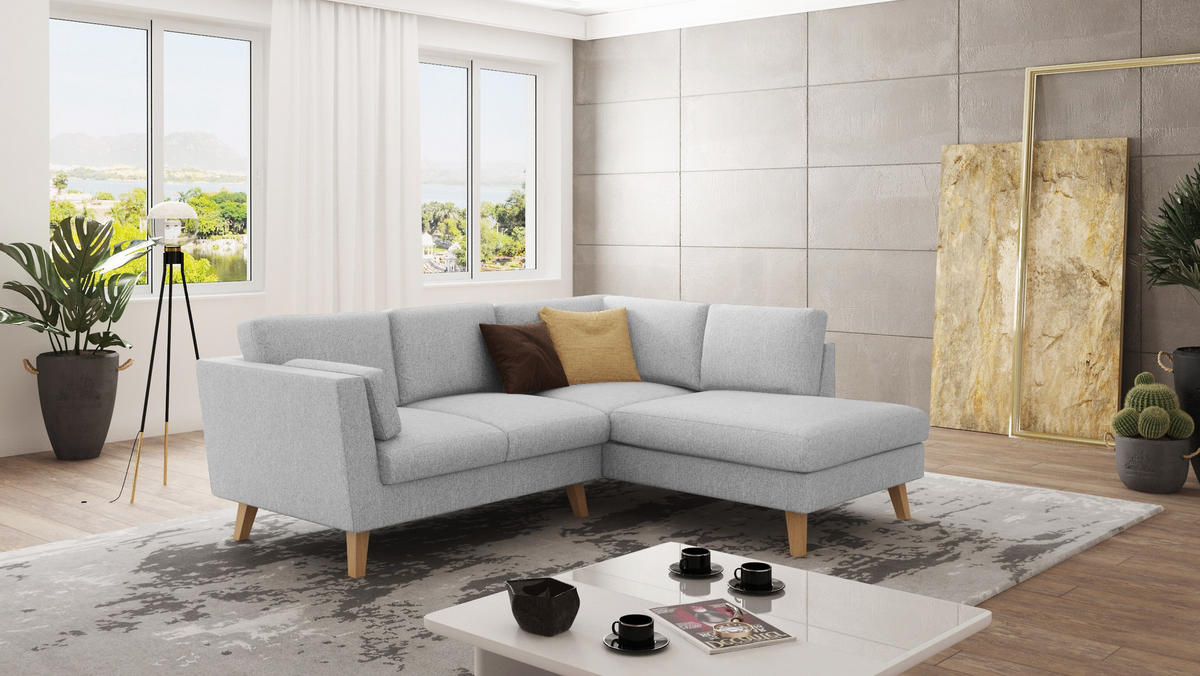 ECKSOFA Mario Silber Microfaser - Silberfarben/Naturfarben, Buchenholz/Textil (221/186cm) - S-Style Möbel
