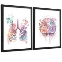 POSTER Set aus 2 Anatomie Mensch Drucke und mit Lungen Luftröhre Bronchien und Gehirn Pastellfarbenes Florales Aquarell Größe Schwarzer Rahmen A4 - Schwarz, Papier (21/29.7/3cm) - Nacnic