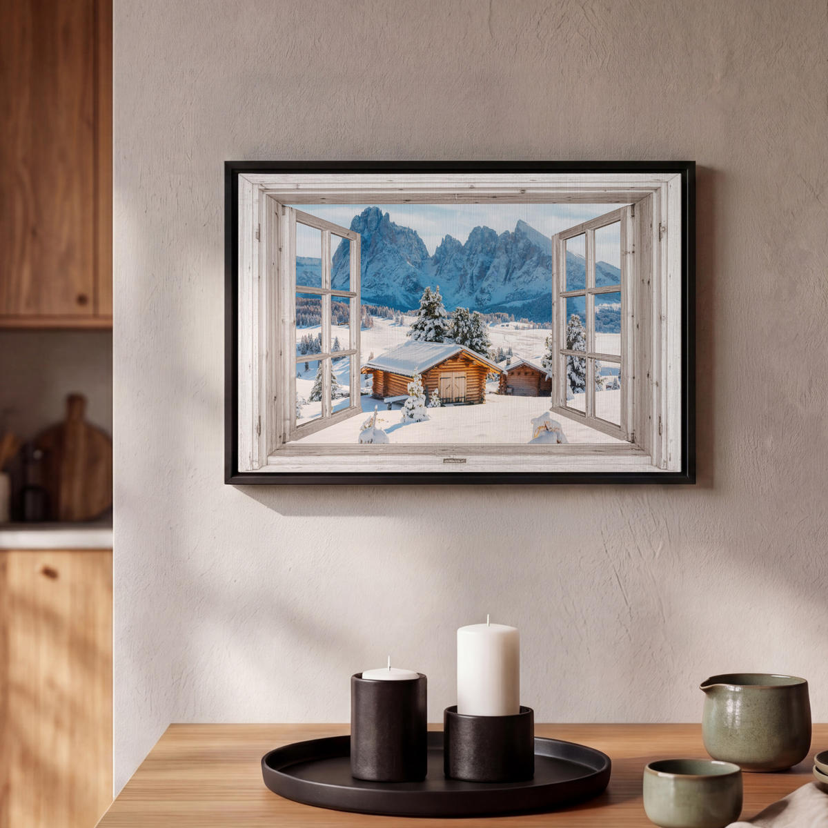 LEINWAND Bilder mit Rahmen - Winterlandschaft - Hütte - Berge - Ausblicke - Aussicht - Natur - 30x20 - Weiß Hochglanz, Textil (30/20cm) - MuchoWow