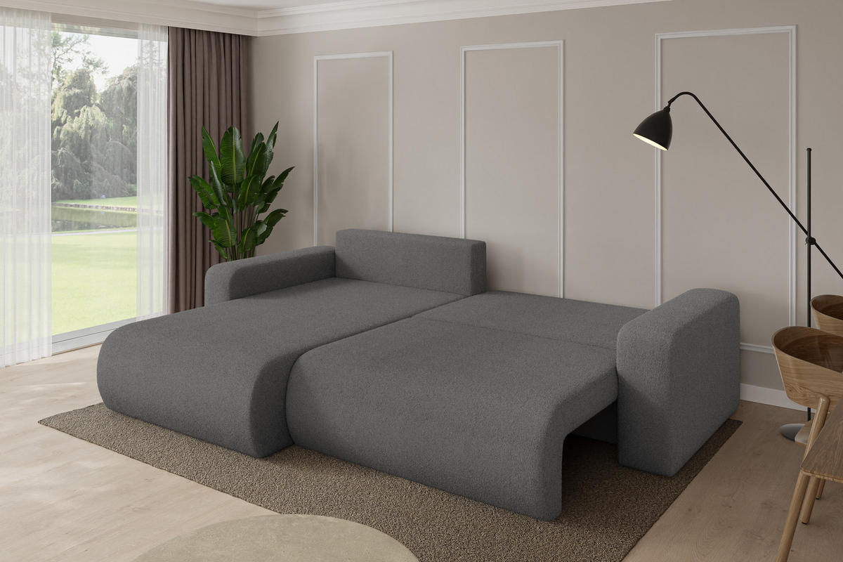 ROHOVÁ SEDAČKA s funkcí spaní, otoman vlevo BERY-L 276x193x88 šedá bouclé - šedá/černá, kompozitní dřevo/textil (276/193cm) - ALTDECOR
