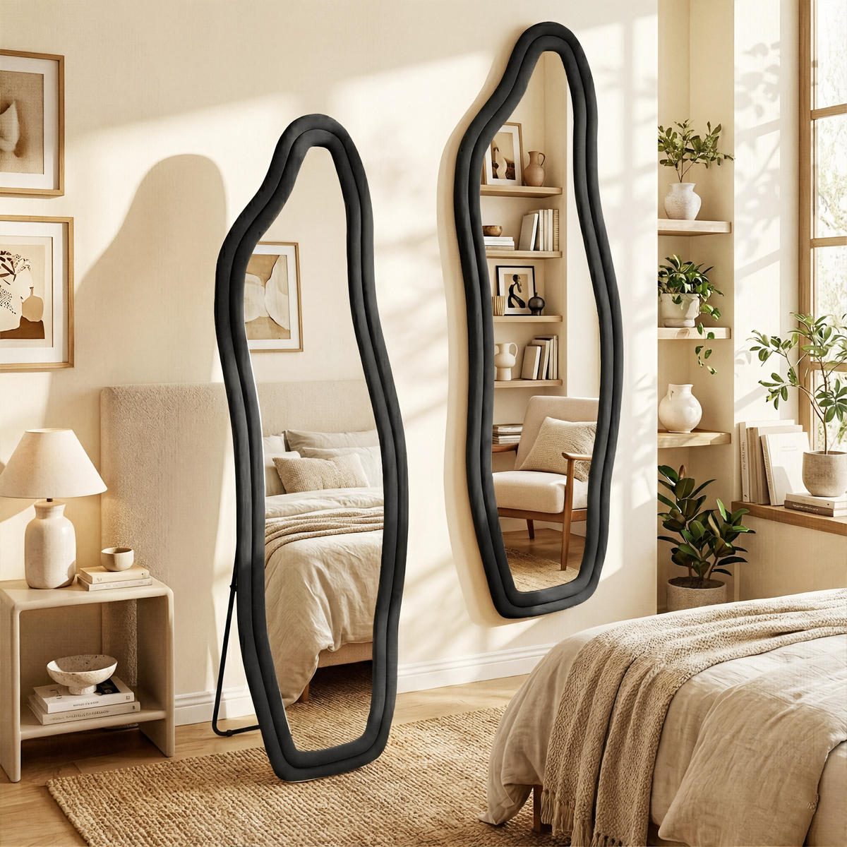 GANZKÖRPERSPIEGEL Wellen-Design mit U-Standfuß & Scharnier 160/50 cm Schwarz - Schwarz, Glas/Holzwerkstoff (50/160/3cm) - Creahappy