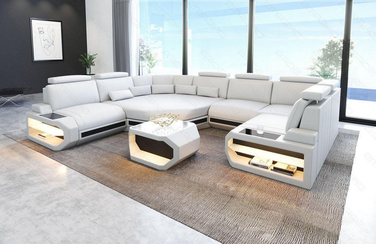WOHNLANDSCHAFT Asti U Mini - Schwarz/Weiß, Leder (352/93/280cm) - Sofa Dreams