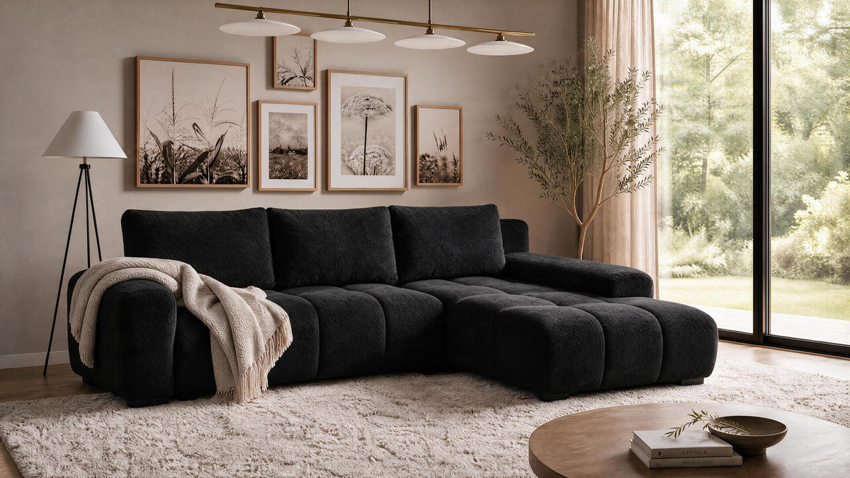ECKSOFA Ovia mit Bettkasten und Schlaffunktion, Bouclé-Stoff in L-Form - Schwarz, Textil (270/185cm)