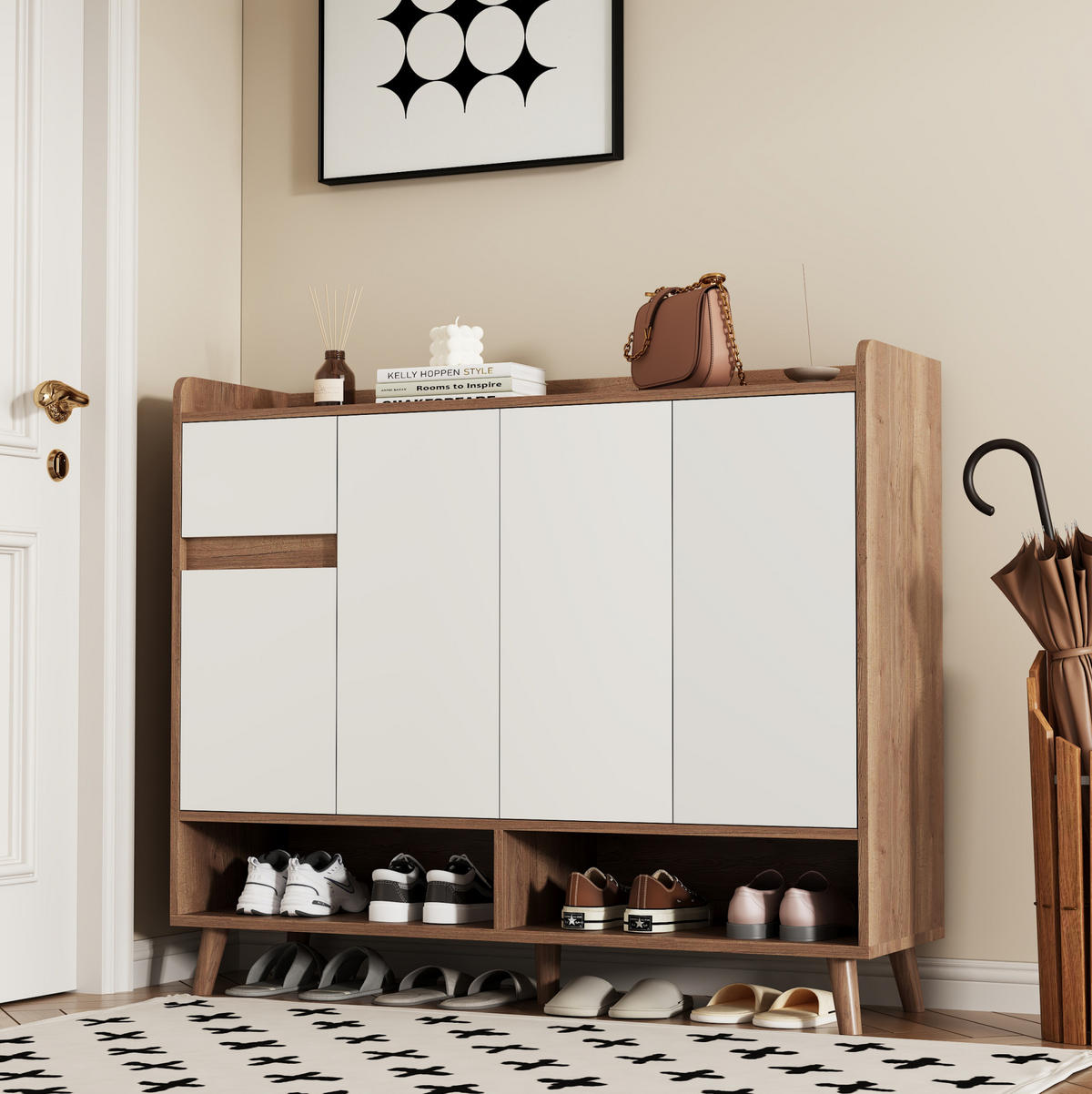SCHUHSCHRANK aus Spanplatte 120x35x99cm in Natur mit 4 Türen & Schublade - Naturfarben, Holzwerkstoff (120/99/35cm) - Modfu