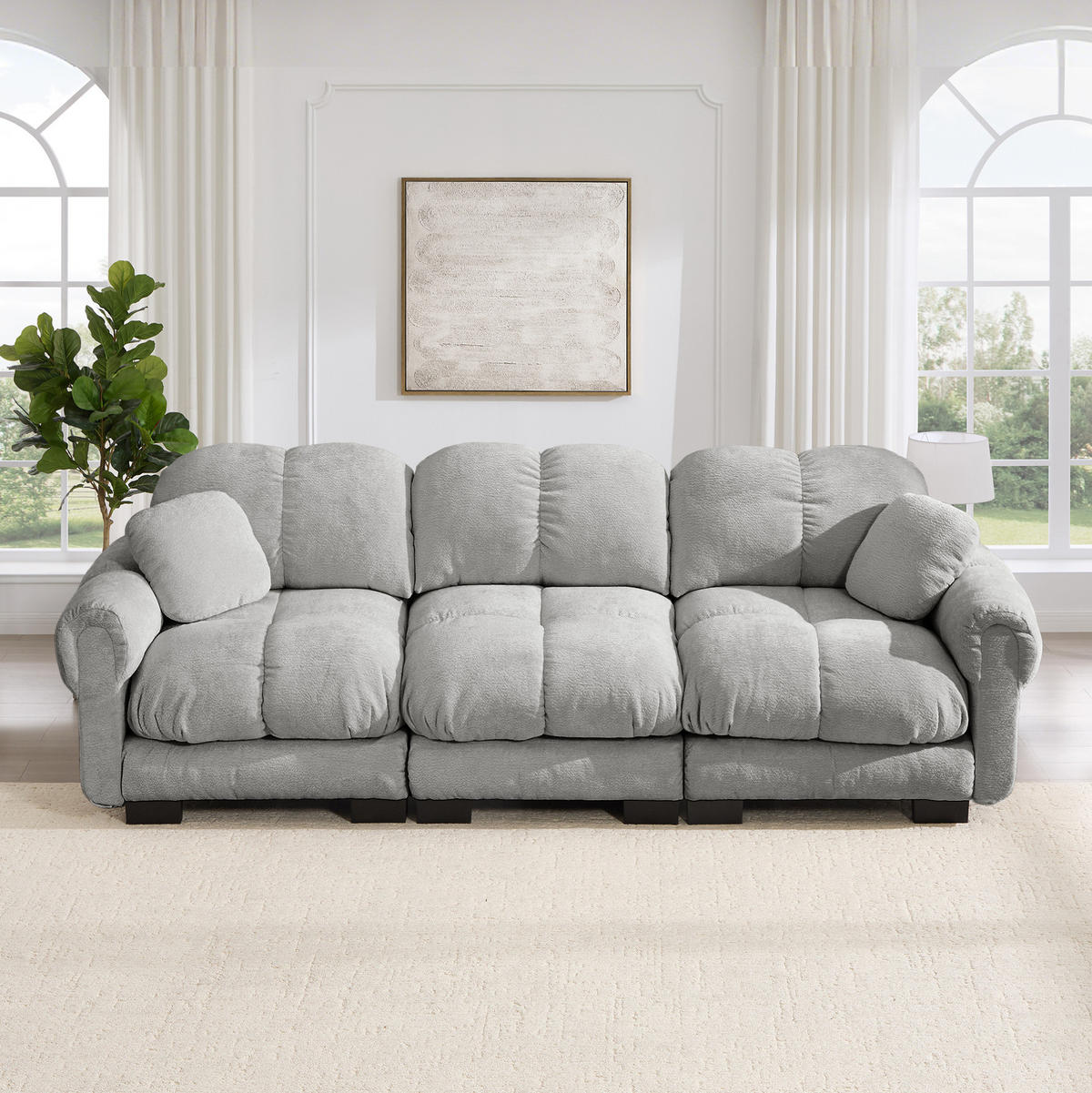 SOFA 260/86/90 cm in Hellgrau aus Chenille mit Steppnaht und Modulsystem - Hellgrau, Textil (86/90/260cm) - Flora Grace
