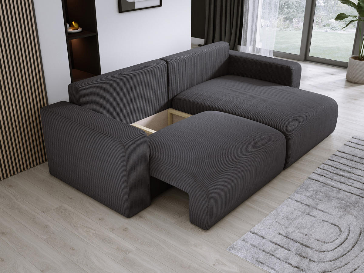 ECKSOFA Carl L-förmig Schlaffunktion und Bettkasten weicher Cordstoff flexibel stellbar lose Rückenkissen freistehend RECHTS 247x143x83cm Graphite - Graphitfarben, Holz/Textil (247/143cm) - DomoHome