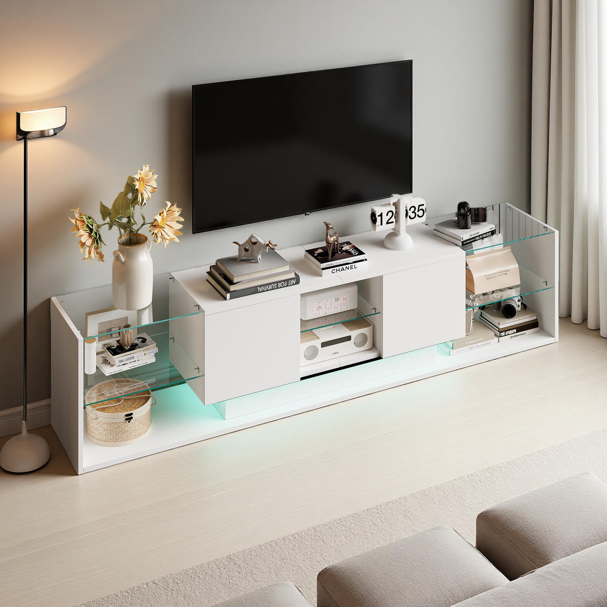 LOWBOARD, 200 x 35 x 45 cm LED Highlights mit Offenen Stauraum und 2 Schubladen, Glastrennwand, MDF - Weiß, Glas (35/45/200cm) - WoodenAura