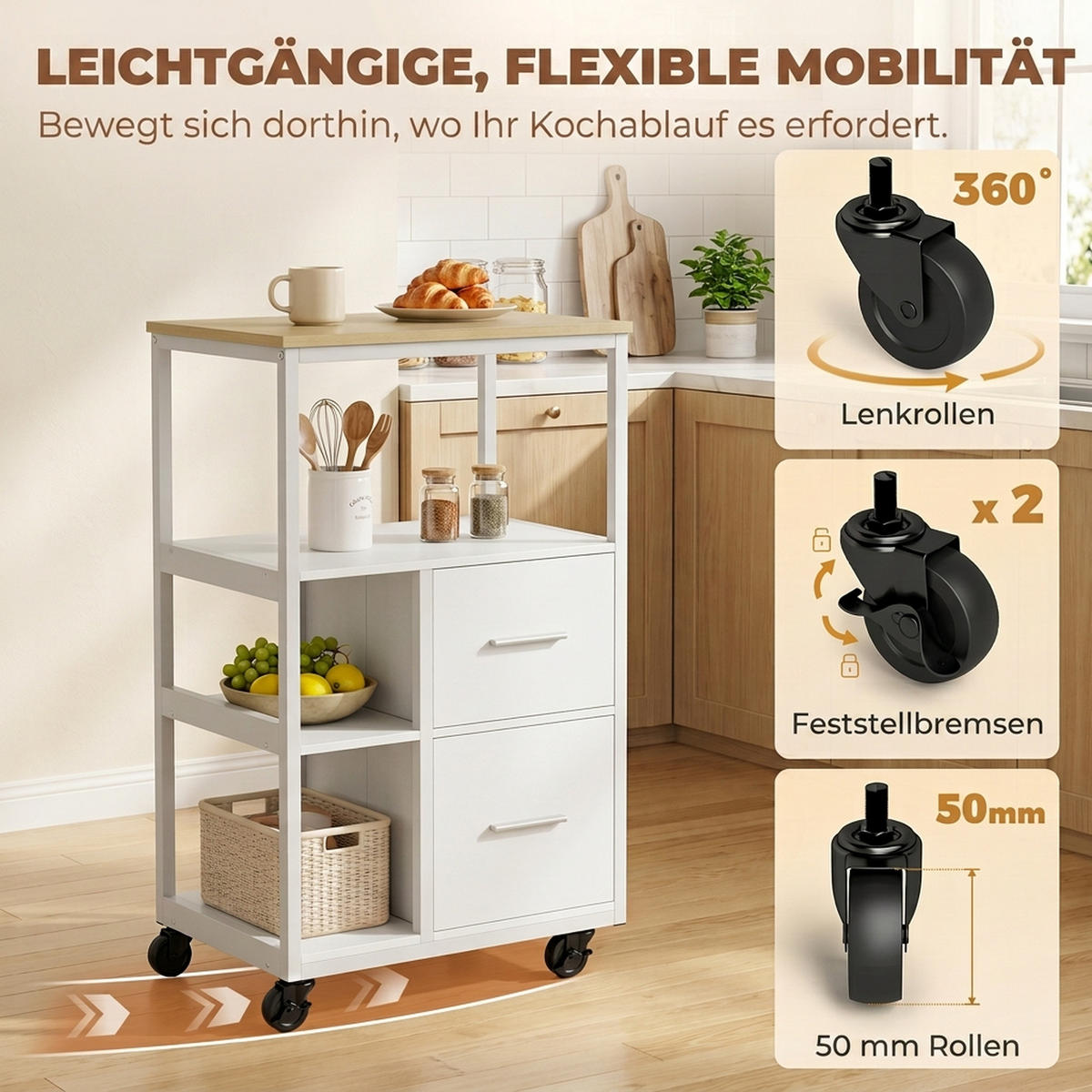 KÜCHENWAGEN Spanplatte Stahl Weiß - Weiß, Holzwerkstoff (37/89/53cm) - HOMCOM