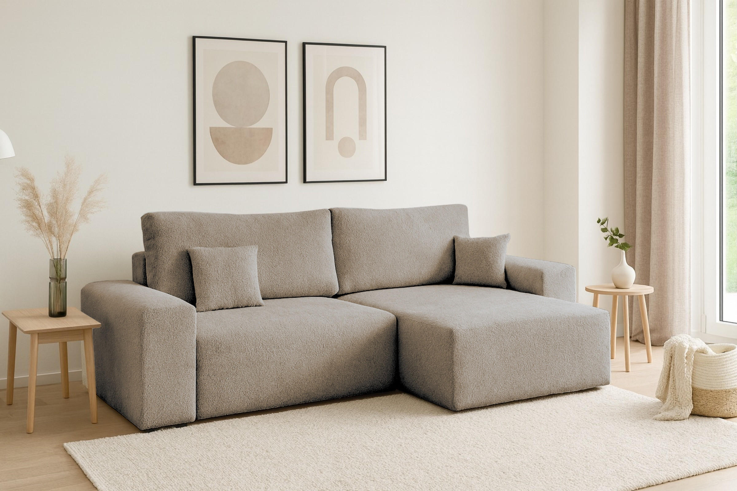 ECKSOFA MILKY 255/148 in Bouclé Grau-Beige rechts - Graubraun, Holz/Holzwerkstoff (255/148cm) - Deine Möbel 24