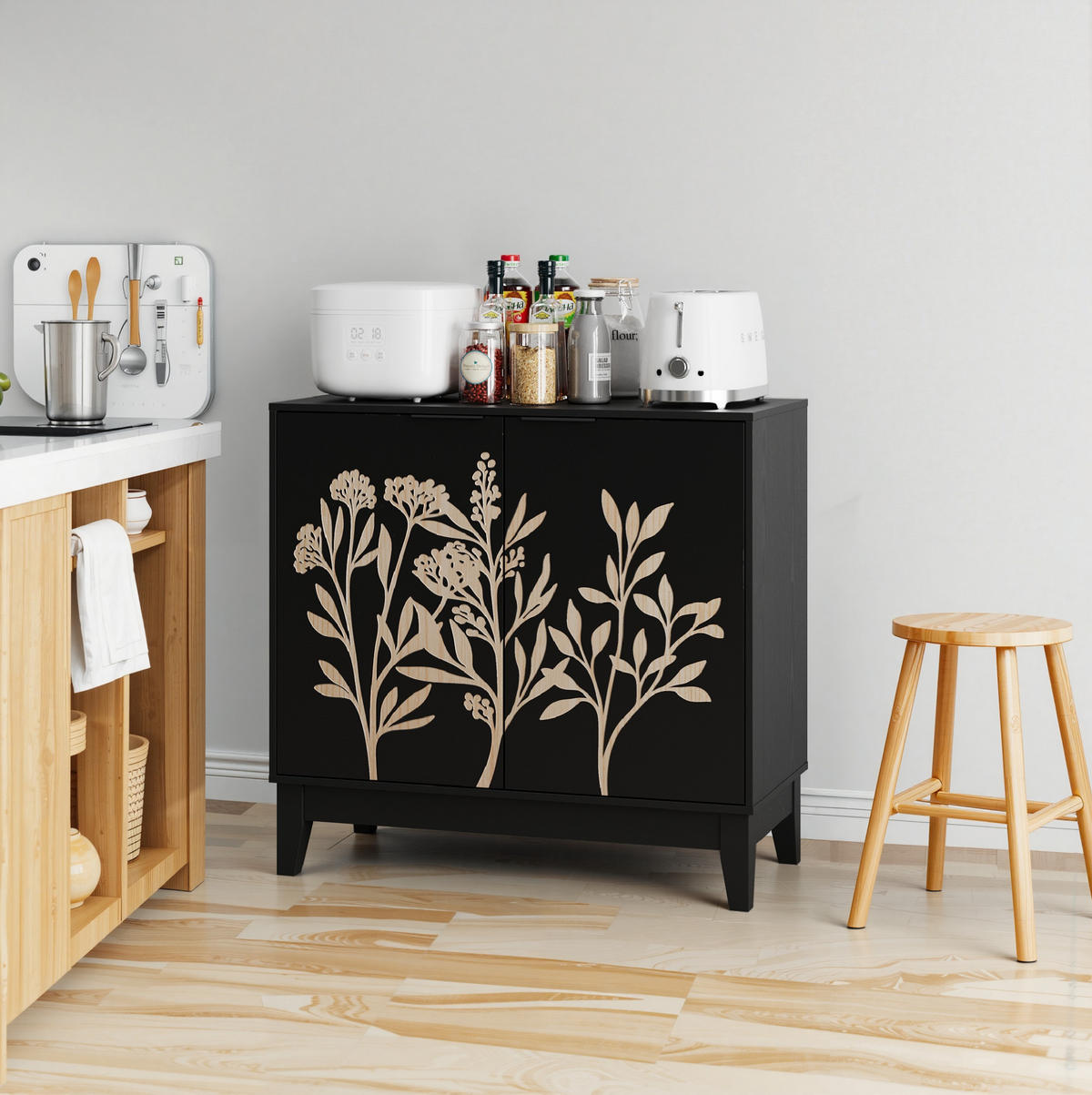 SIDEBOARD 80/38/76 cm Schwarz aus MDF mit Blumenschnitzerei - Schwarz, Holzwerkstoff (38/76/80cm) - OKMYHOME