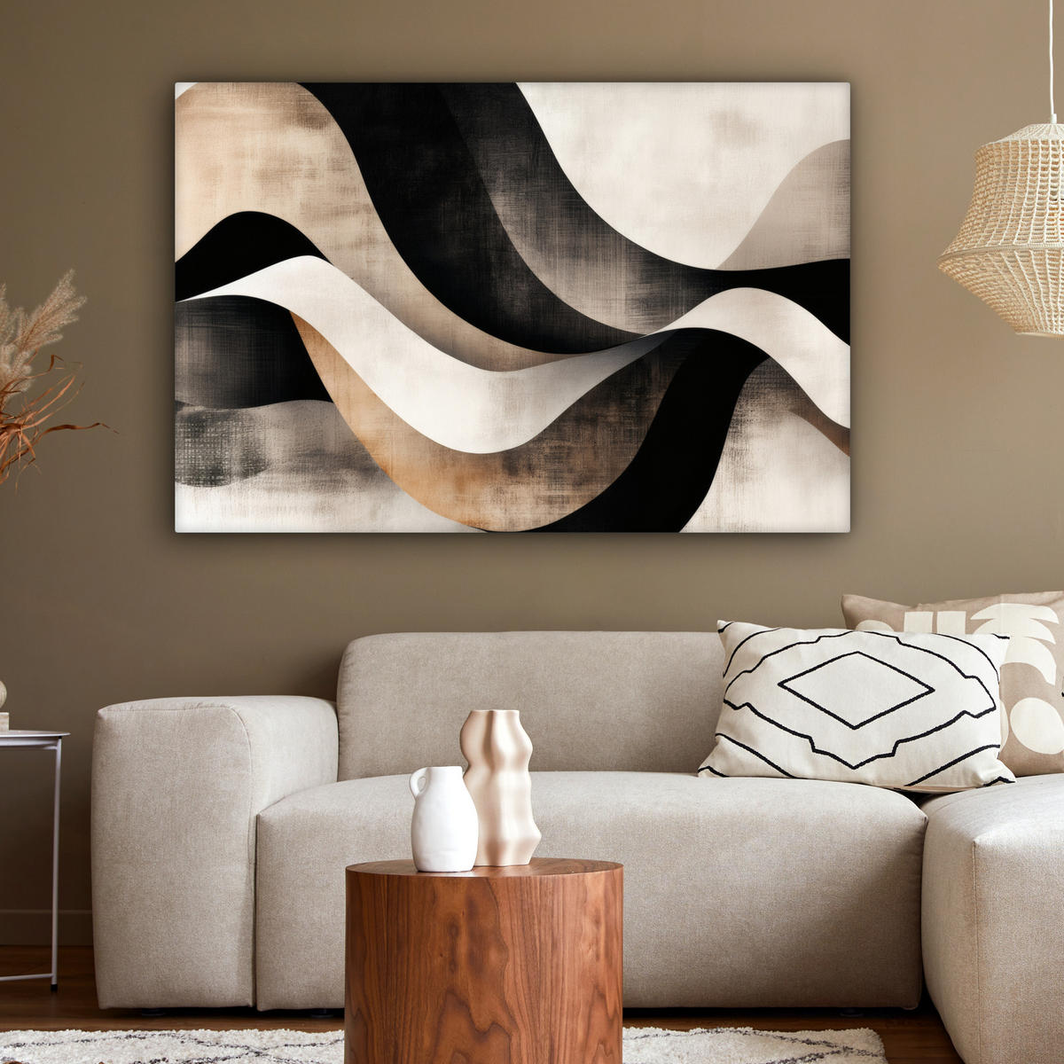 LEINWANDBILD Abstrakt - Wellen - Schwarz - Verwittert Wohnzimmer 120x80 cm - Trüffeleichefarben, Textil (120/80cm) - MuchoWow