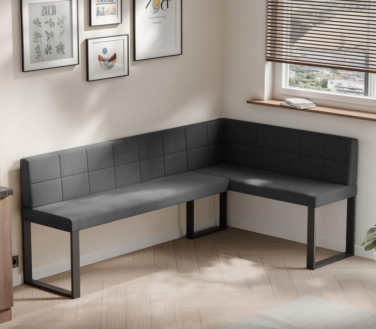 ECKBANK rechts SANA U Webstoff gesteppt, 168/128 cm Anthrazit - Anthrazit, Textil/Metall (128/168cm) - Idohome