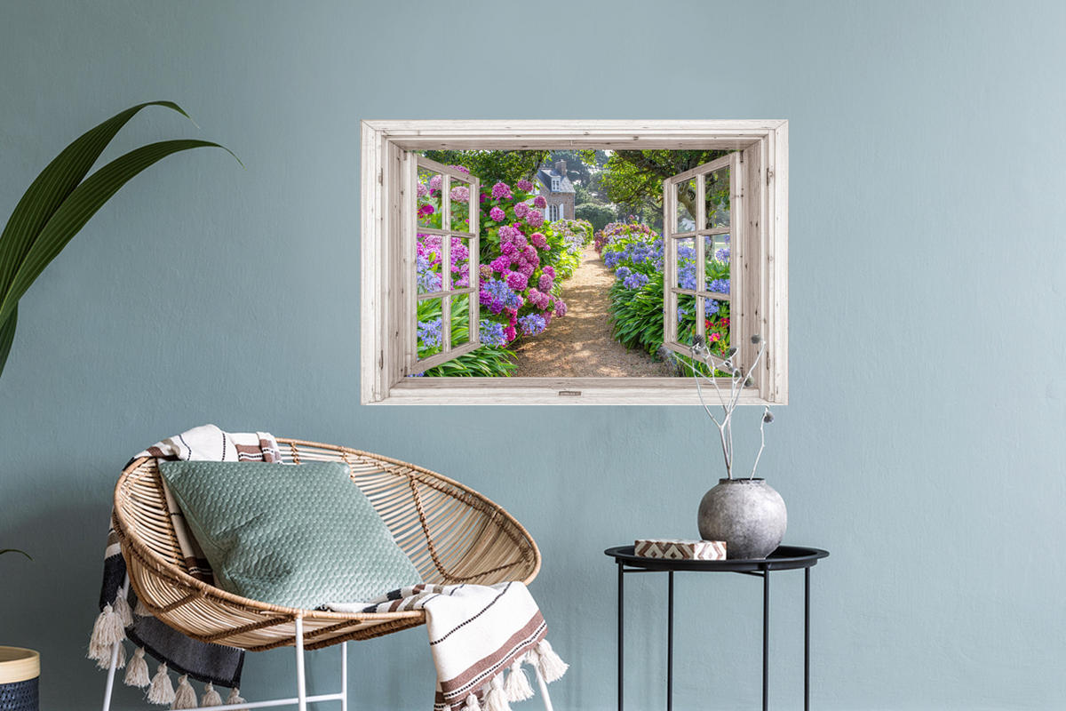 WANDTATTOO Hortensie - Fensterblick - Blumen - Sommer - Lila - Weg 60x40 cm - Lila, Kunststoff (60/40/0.1cm) - MuchoWow