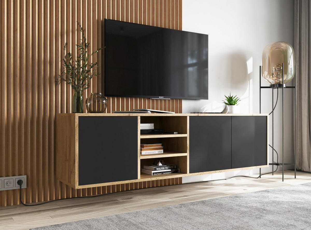 TV-LOWBOARD Apollo Eiche wotan Schwarz Matt 150 cm - Schwarz, Holzwerkstoff (150/39/35cm) - Meble Lindner