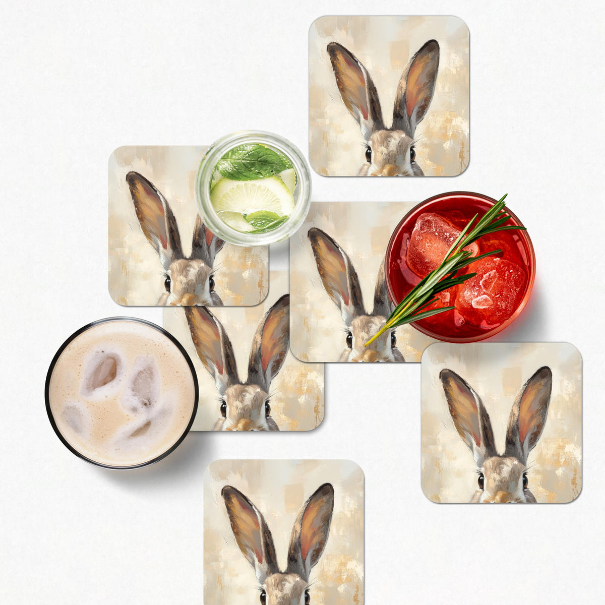 GLASUNTERSETZER 6er-Set Hase - Ohren - Braun 10x10 cm - Beige, Naturmaterialien (10/0.2cm) - MuchoWow