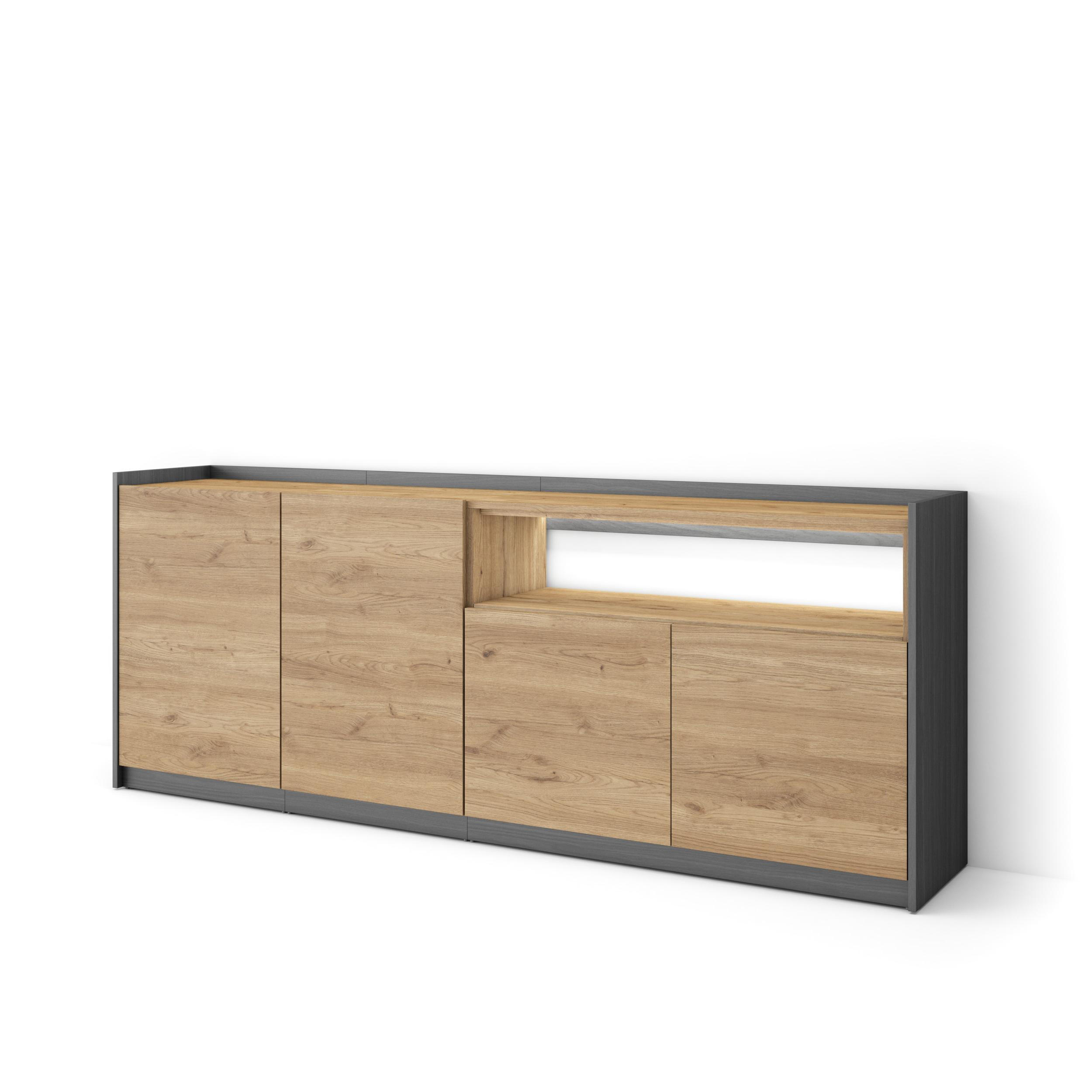 SIDEBOARD, Eiche und Schwarz, 207/37/80cm, mit Led - Eichefarben, Holzwerkstoff (207/80/37cm) - Skraut Home