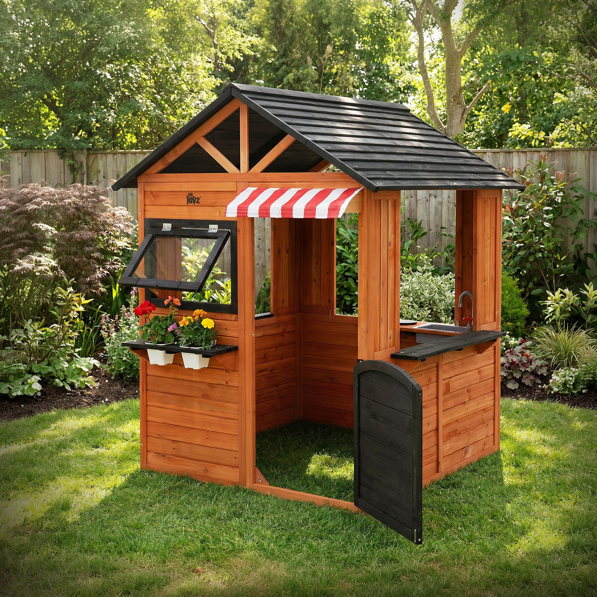 KINDERSPIELHAUS aus Tannenholz massiv 134 x 134 x 156,5 cm Braun - Braun, Holz (134/156.5/134cm) - Joyz