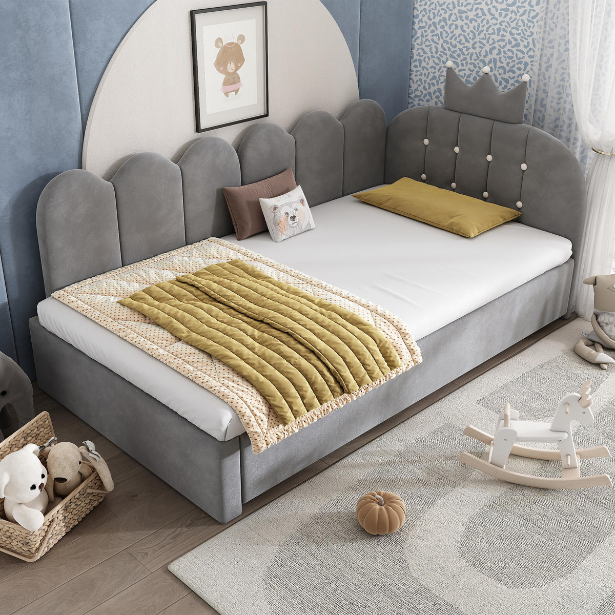 POLSTERBETT 90/200 cm mit Ausziehbett 90/190 cm, L-Form, Samt mit Kronen- und Gitterdesign, Grau - Grau, Textil (90/200cm) - Redom