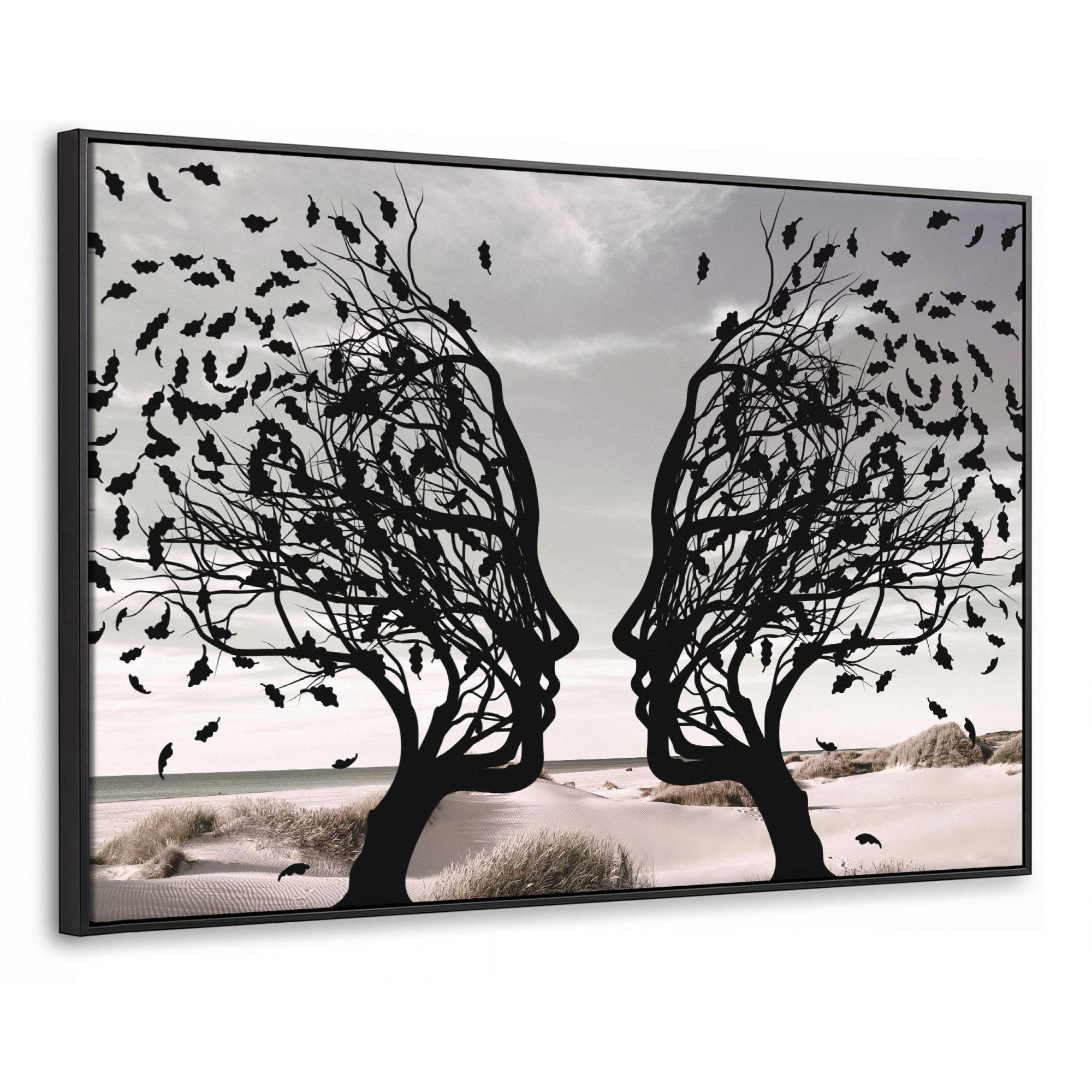 LEINWAND Bilder mit Rahmen - Strand - Meer - Menschen - Baum - Moderne Kunst - 140x90 - Hellgrau, Textil (140/90cm) - MuchoWow