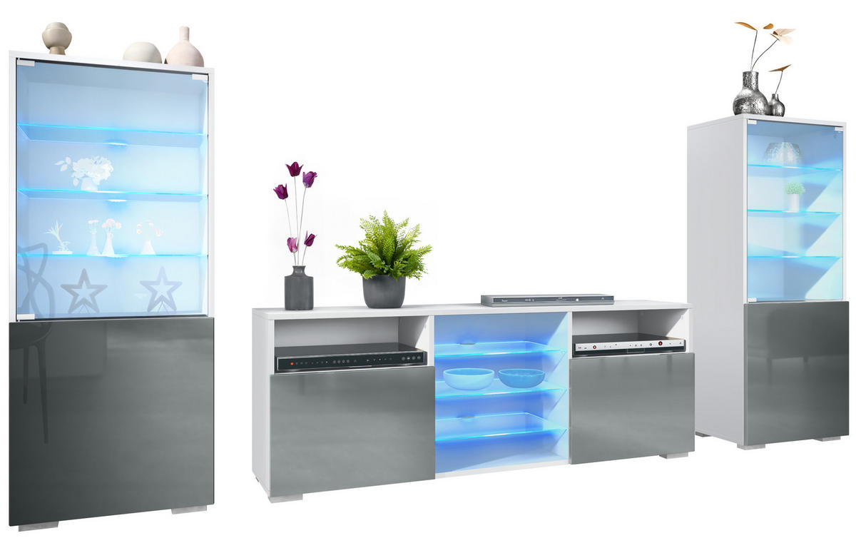 WOHNWAND Granada Grau Hochglanz - Grau, Holzwerkstoff (286/122.5/35cm) - Vladon