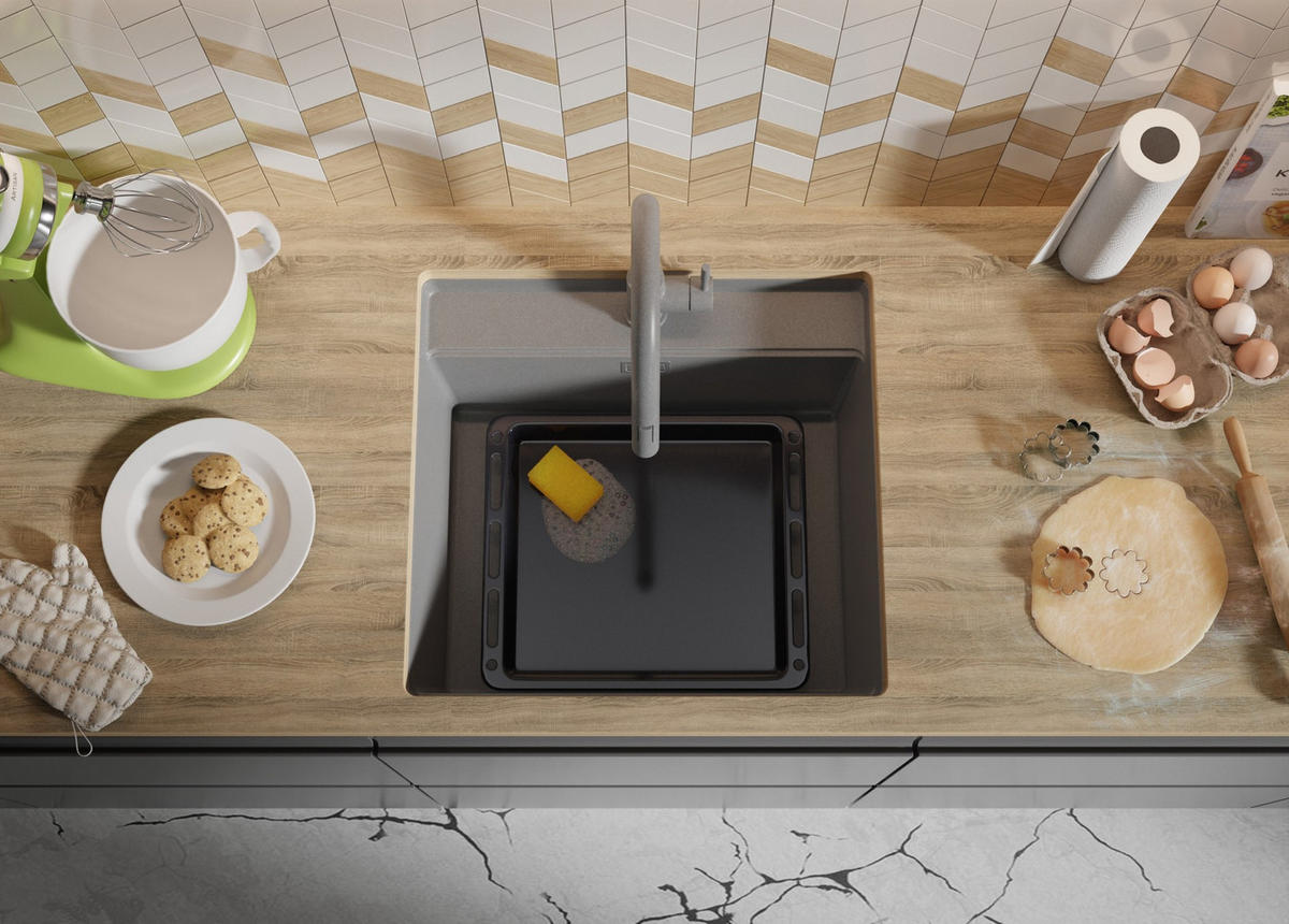 UNTERBAUSPÜLE GRANIT Bergen, 2-er set Grau 56/53 cm 1 Becken + Küchenarmatur 38/14 cm + Ablauf-Set + Schneidebrett ab 60er Unterschrank - Chromfarben/Beige, Kunststoff (56/20/53cm) - Primagran