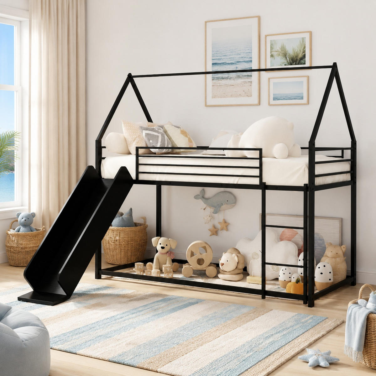 ETAGENBETT 90/190 mit Rutsche, Treppe und Hausdesign - Schwarz, Holzwerkstoff (90/190cm) - EVRYAE
